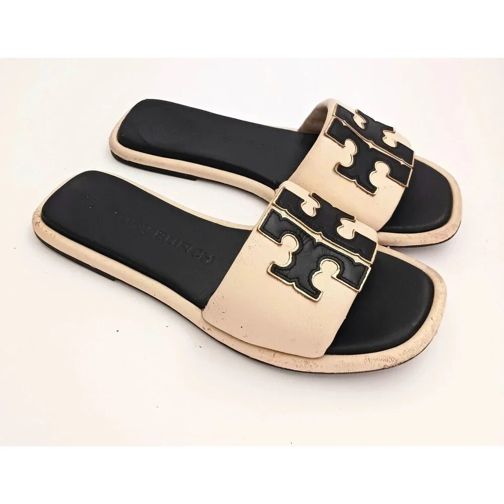 Tory Burch Double T Logo Sport Slide Cream/ Black Leather Wide Straps 7.5M